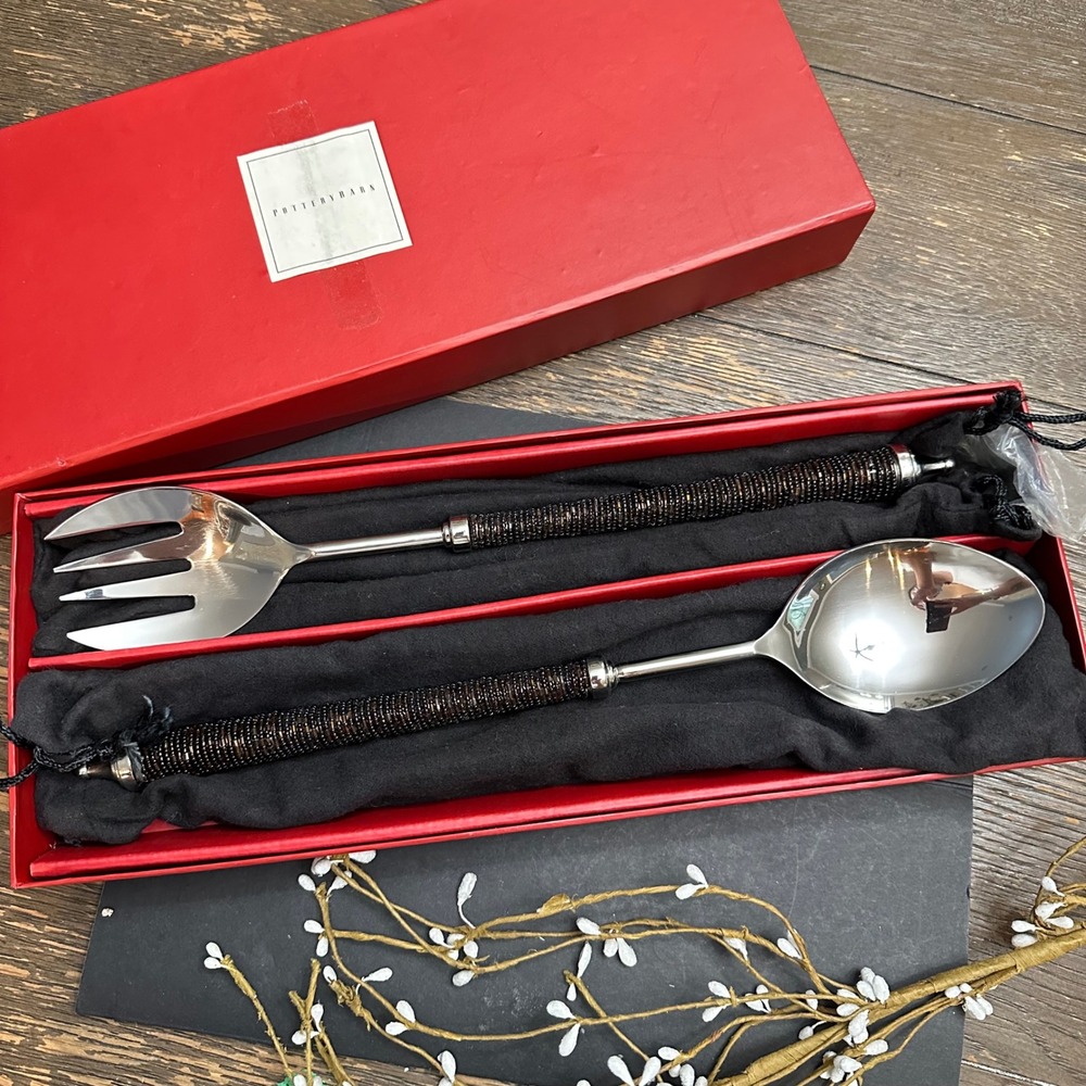 Pottery Barn Bronze Seed Beaded Long Servers Fork & Spoon - New in Box